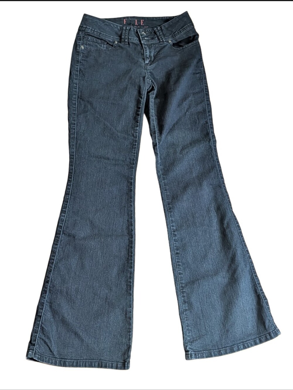 Vintage Elle Y2K Dark Wash Low Rise Double Button Stretch Flare Jeans 2R